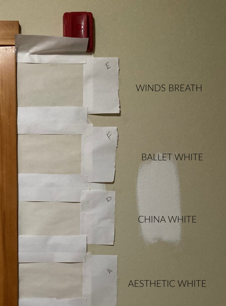 Benjamin Moore Winds Breath, Ballet White, China White, dark hallway with fir wood trim. Kylie M Interiors comparing popular warm neutral paint colors