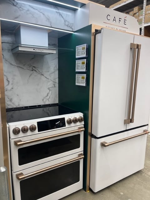 GE cafe white appliances and the best paint colors to coordinate with countertops and backsplash, metal finish and hardware