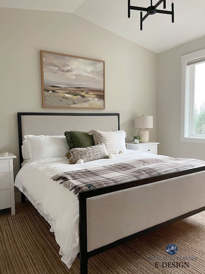 Primary bedroom, Sherwin Williams Aesthetic White, best off-white beige paint color on walls, White Dove trim and ceiling, white linens, toss cushions, wicker lamp, ikea side tables, Kylie M Edesign (2)