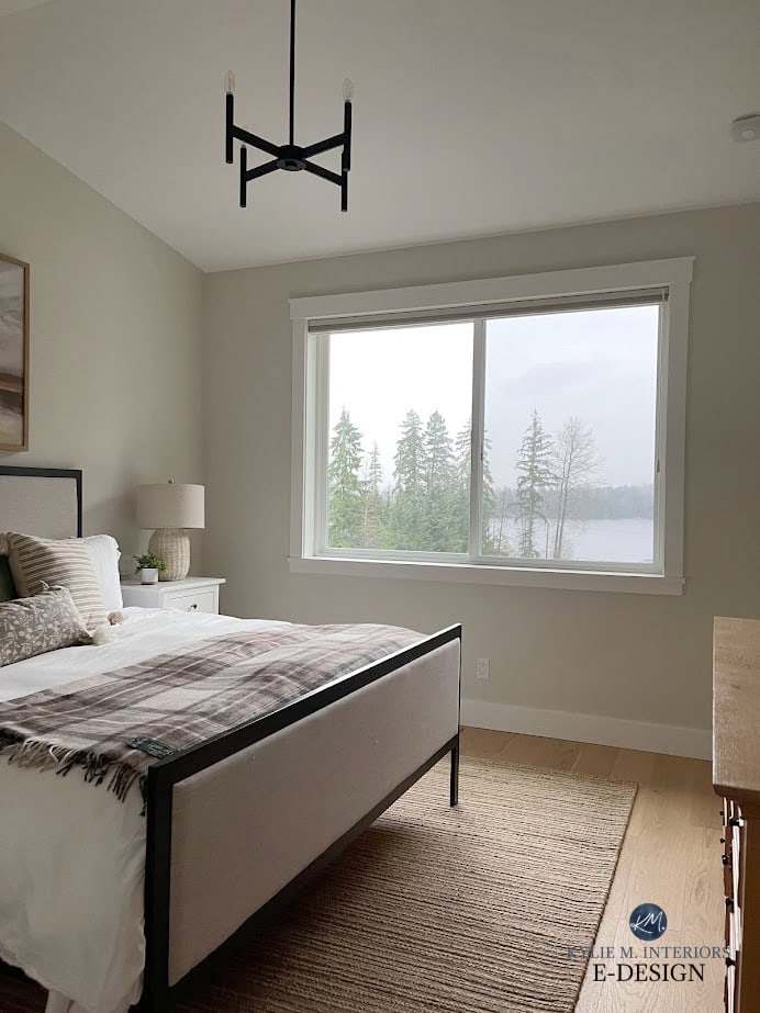 Sherwin Williams Aesthetic White in bedroom, upholstered bed frame, White Dove lightened trim and ceiling. Kylie M Interiors edesign, white oak floor (1)