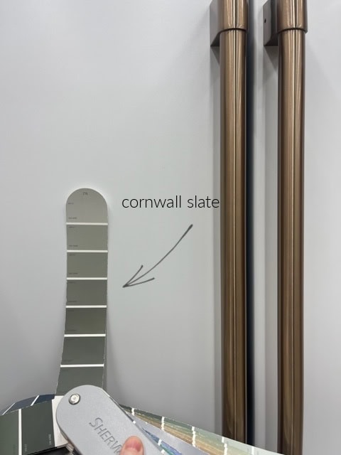 Sherwin Williams Cornwall Slate, Link Gray, Rare Gray, Thunderous with ge cafe white