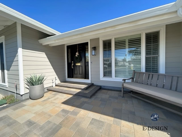 Sherwin Williams Dorian Gray on exterior siding, medium depth color, Benjamin Moore Brilliant White trim, Tricorn Black front door, stone or paver driveway, white windows. Kylie M