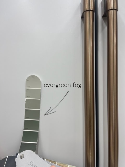 Sherwin Williams Evergreen Fog, green paint color for cabinest with GE Cafe white appliances