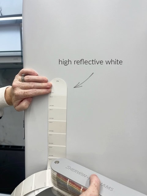 Sherwin Williams High Reflective White and Snowbound with GE Cafe white appliances. Snowbound doesn't go with it. Kylie M color expert