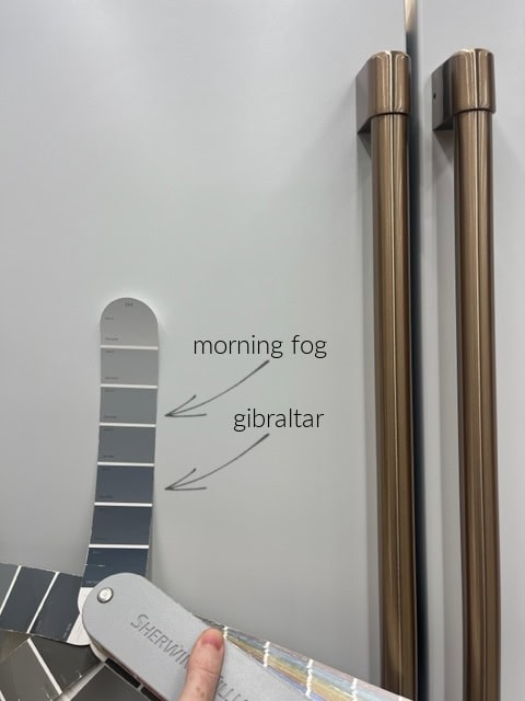 Sherwin Williams Morning Fog, Serious Gray, Gibraltar with GE Cafe white appliances. Kylie M Color expert
