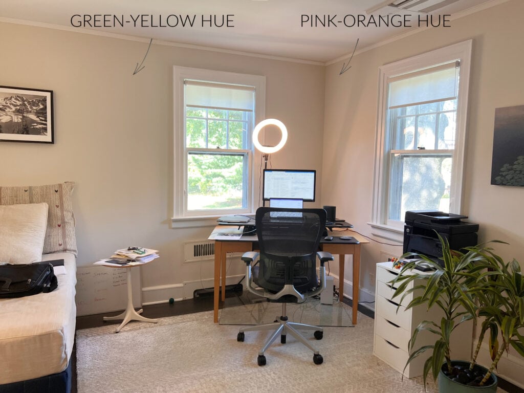 Sherwin Williams Shoji White, off-white neutral cream-tan greige paint color in different lighting situations.