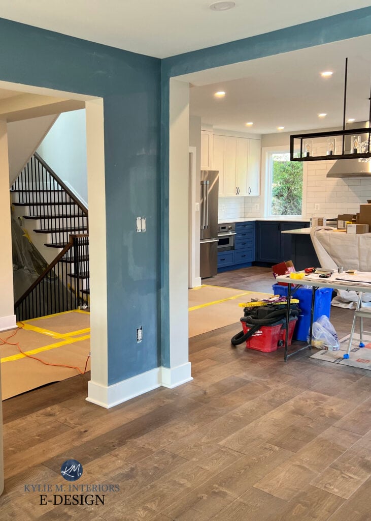 Sherwin Williams Smoky Azurite blue paint color and Denim on painted kitchen cabinets. Kylie M Interiors Edesign