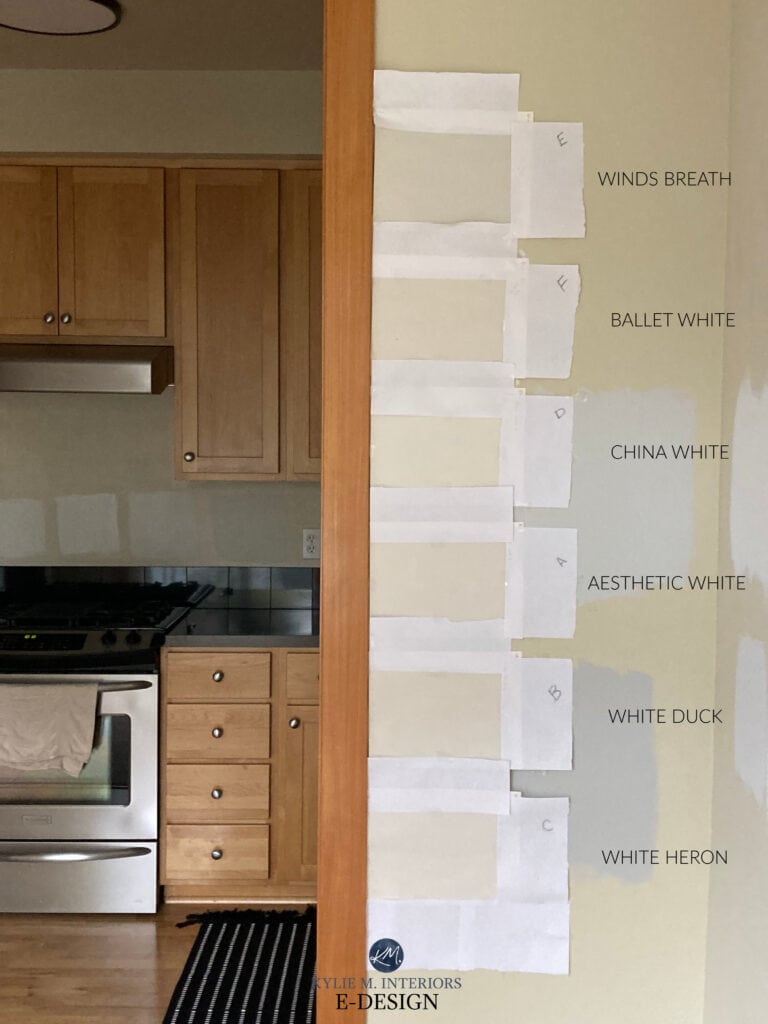 Similar warm neutral paint colors, China White, Aesthetic White, White Heron, White Duck, Ballet White, Winds Breath with Kylie M. Fir wood trim
