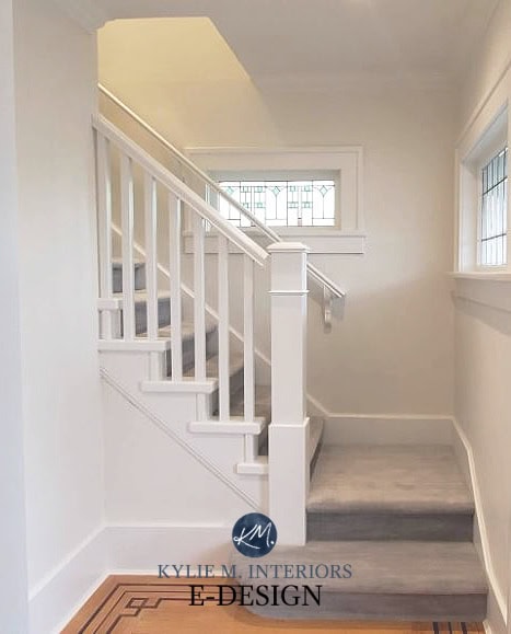 Best white paint colours, Benjamin Moore Oxford White and White Dove trim and walls, gray carpet, stairs. Kylie M Interiors Edesign, online paint color expert (3)