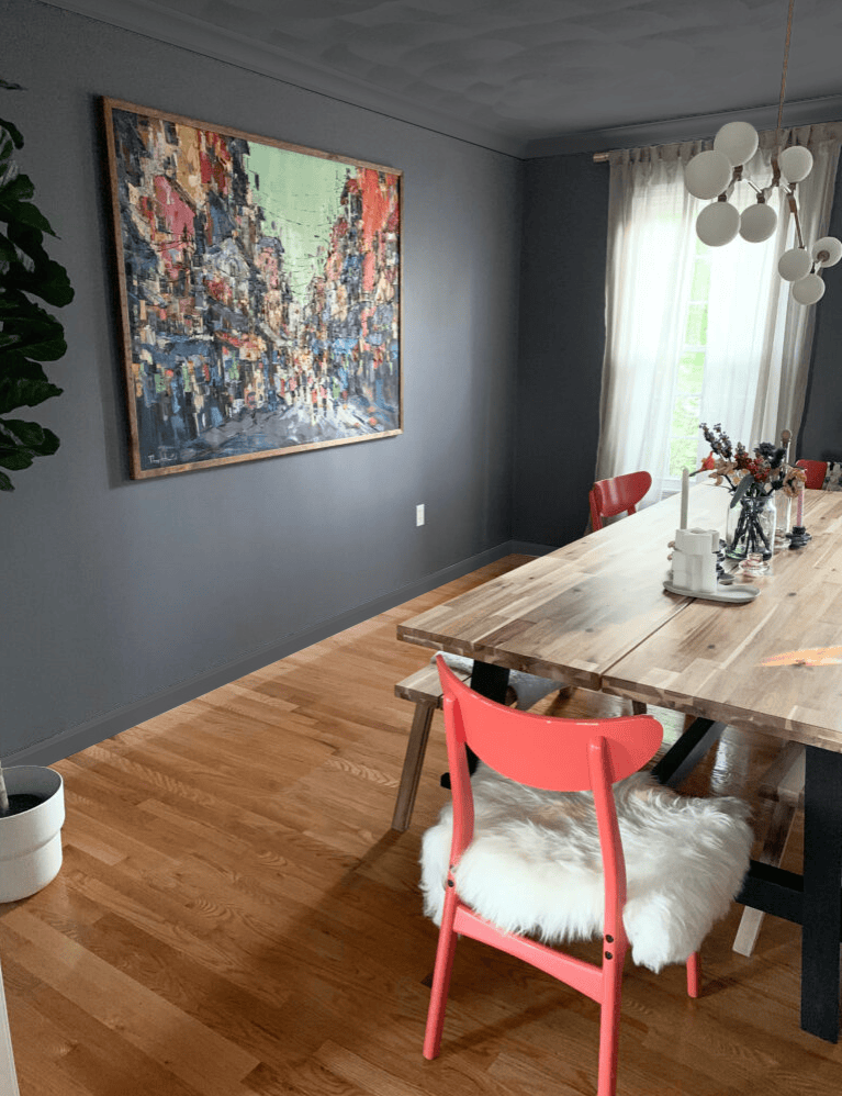 Color drench or color wash a room in the same color on walls, ceilings, trim, Dark charcoal color, wood floor, cove ceiling. Kylie M Interiors