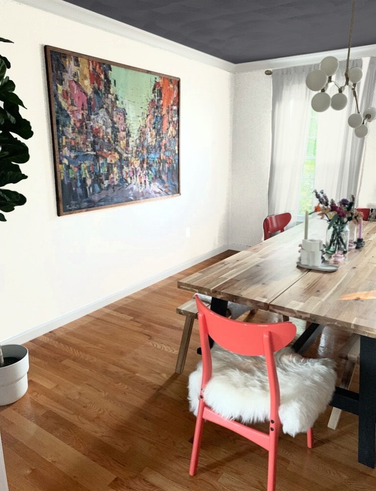 White walls with dark cove ceiling in charcoal slate color. wood floor