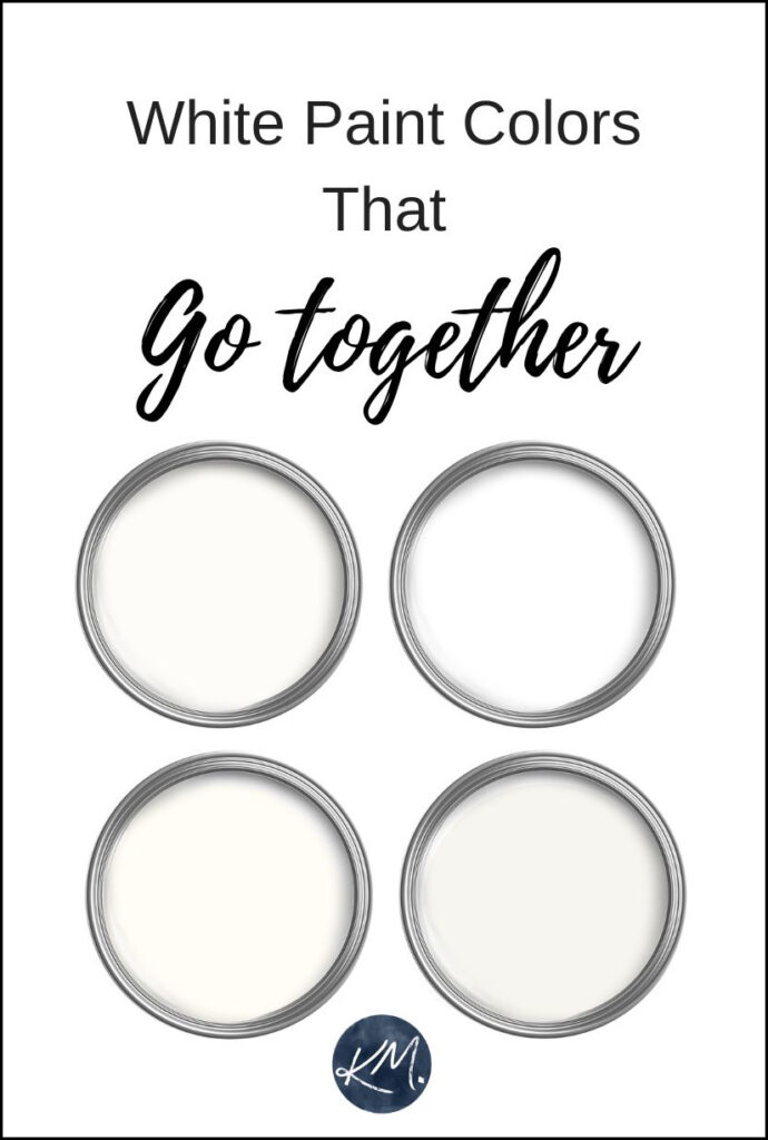 different white paint colors that go together or suit each other, walls, trims, cabinets. Kylie M Online paint color expert, best ideas