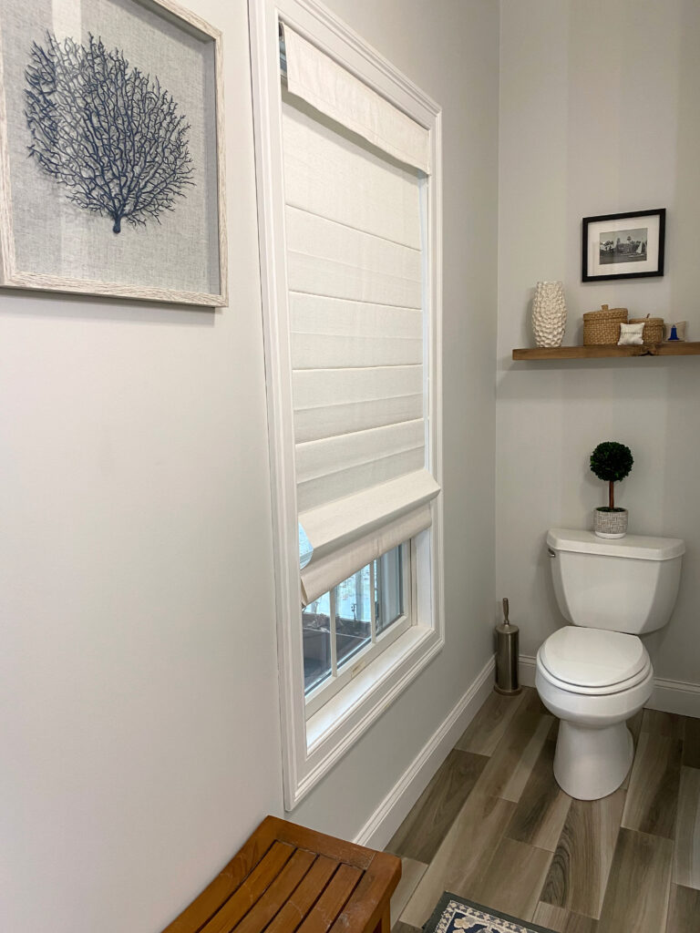 Benjamin Moore Moonshine light gray paint color in bathroom