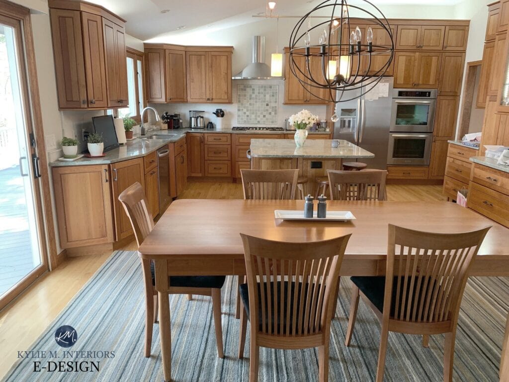 Best paint colour for maple or oak cabinets, orange tone. Benjamin Moore November Rain gray paint colour with green undertone. Kylie M Interiors Edesign, online paint color consultant