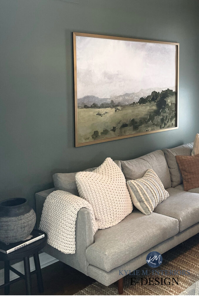 Dark green paint color in moody den.