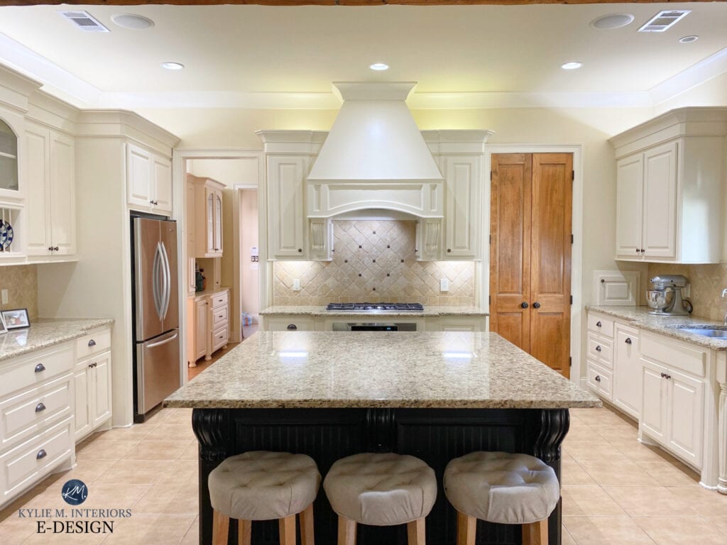 Kitchen with cream painted cabinets in Antique White. Giallo Ornamental granite countertops and beige tile floor. Kylie M Interiors Edesign before image