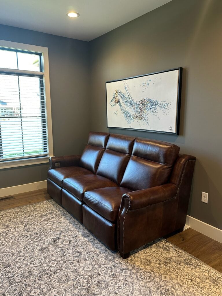 ROOM IN DARK PAINT COLOR, BENJAMIN MOORE CHELSEA GRAY, KYLIE M INTERIOR EDESIGN, BROWN LEATHER SOFA