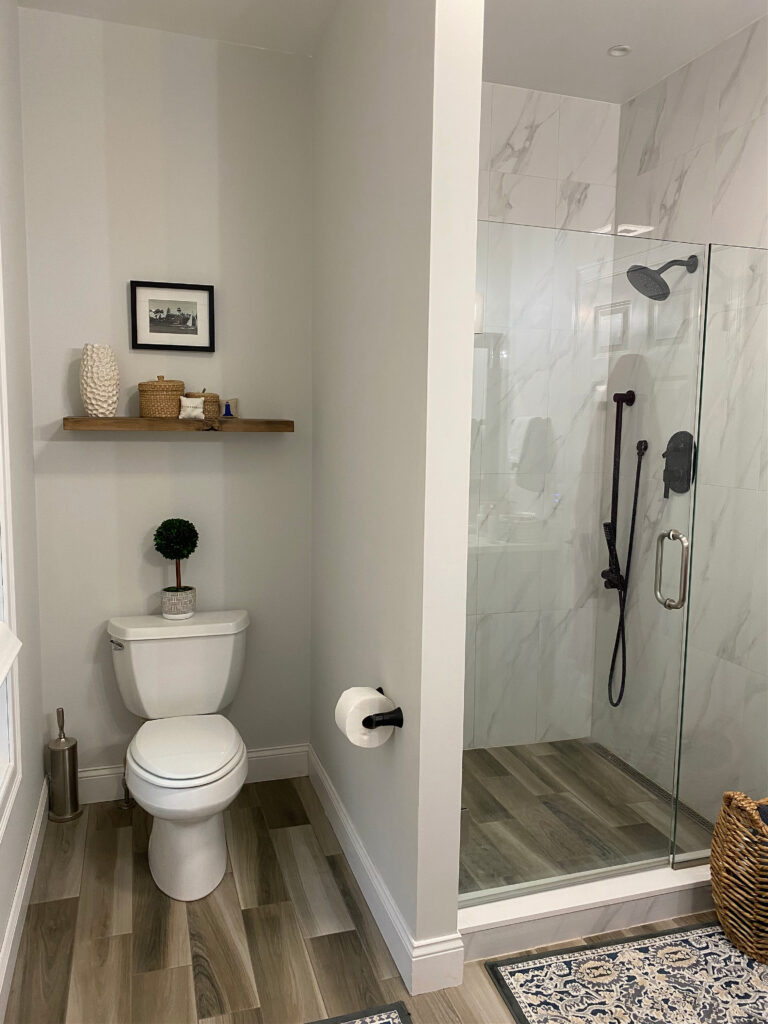 benjamin moore moonshine, light gray paint color in small bathroom with walk in shower and wood look tile floor
