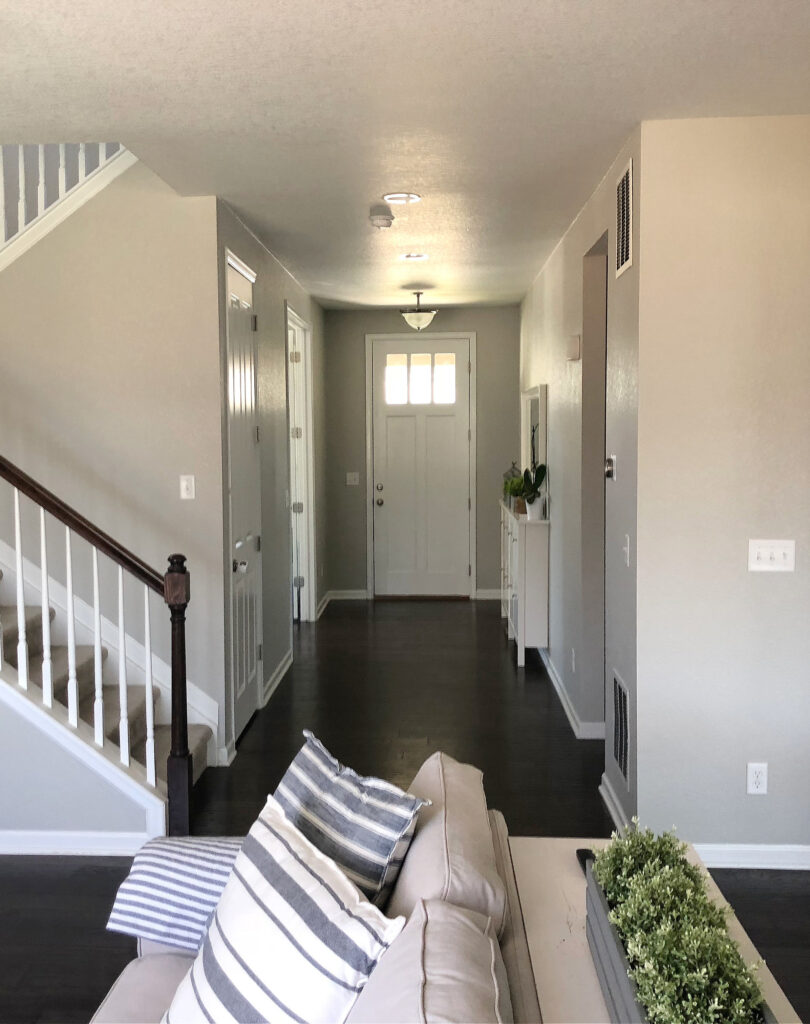 dark hallway and entryway painted Sherwin Williams Repose Gray, dark wood trim, stair railing