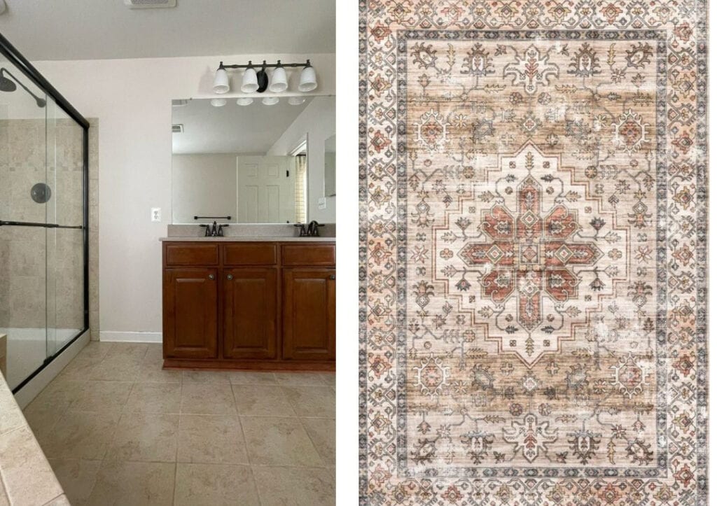 washable area rug to go with 2000s bathroom with tuscan style beige tile and cherry red cabinet vanity (1)