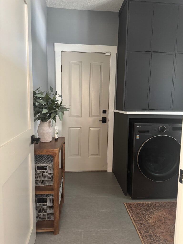 Benjamin Moore Network Gray, White Dove, Revere Pewter interior o door, dark, soft black gray-blue laundry room cabinets, mudroom, gray tile floor