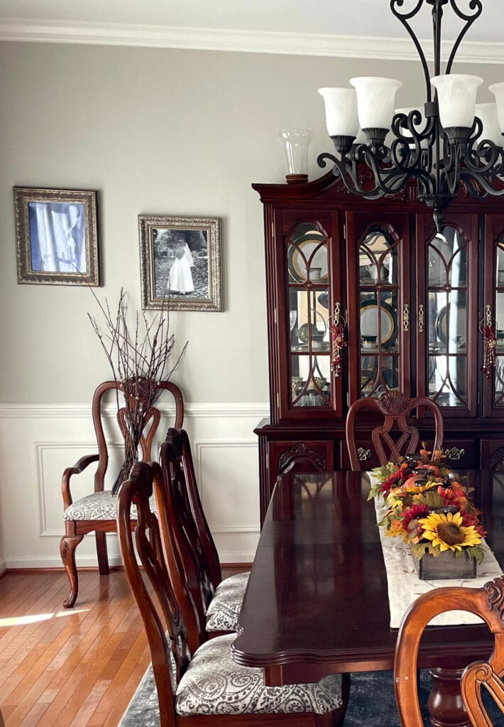 Benjamin Moore Revere Pewter, dark red stained cherry wood furniture, oak floor, traditional style, Benjamin Moore Revere Pewter walls, White Dove trim and wainscoting (2)