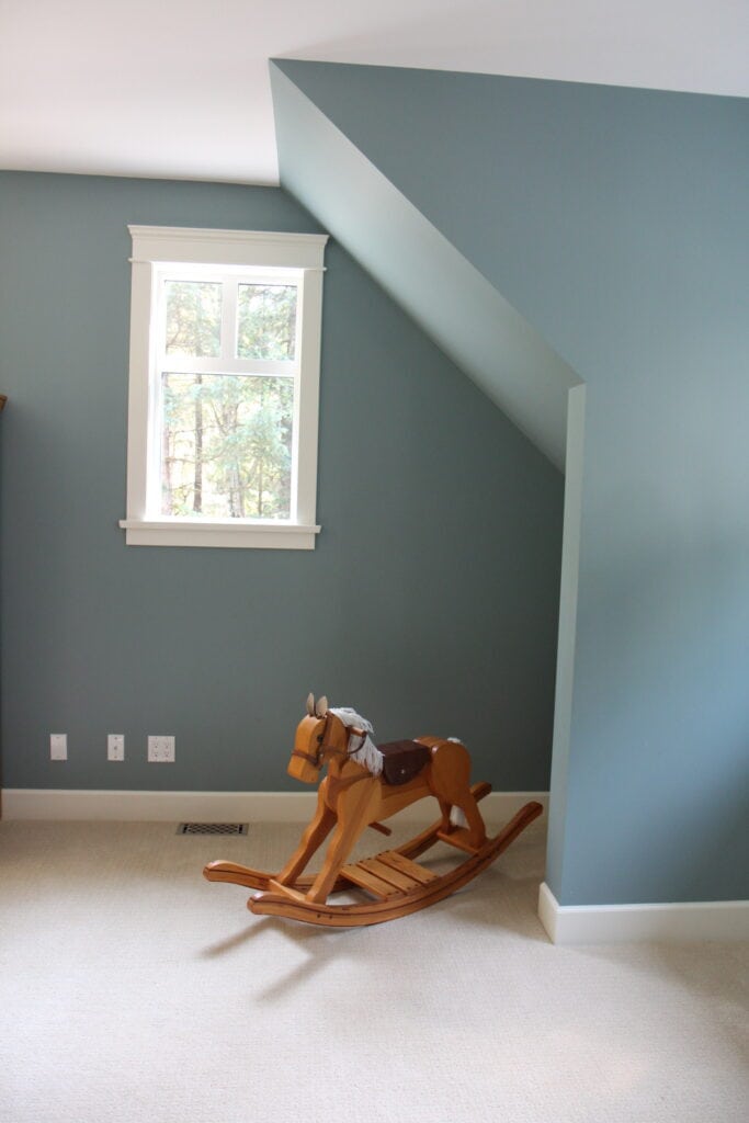 Benjamin Moore Sea Star, warm beige off white carpet, playroom, best blue-green paint color