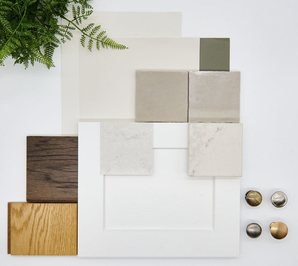 PALETTE 1 ZELLIGE TILE KITCHEN PALETTE WITH WHITE CABINET, QUARTZ COUNTERTOP, WALL PAINT COLOR, HARDWARE