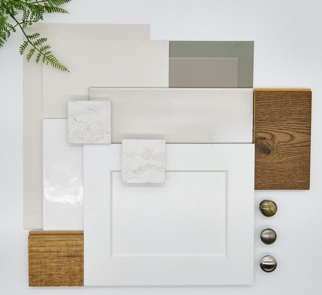 PALETTE 4 WHITE KITCHEN CABINET PAINT COLOR PALETTE, WALL, BACKSPLASH SUBWAY TILE, QUARTZ COUNTERTOP, WOOD, HARDWARE.