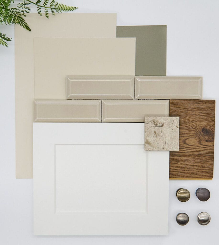 PALETTE 5 BEIGE BACKSPLASH TILE, COUNTERTOP, WHITE CABINET, WALL PAINT COLOR, KYLIE M, KITCHEN PALETTE IDEAS