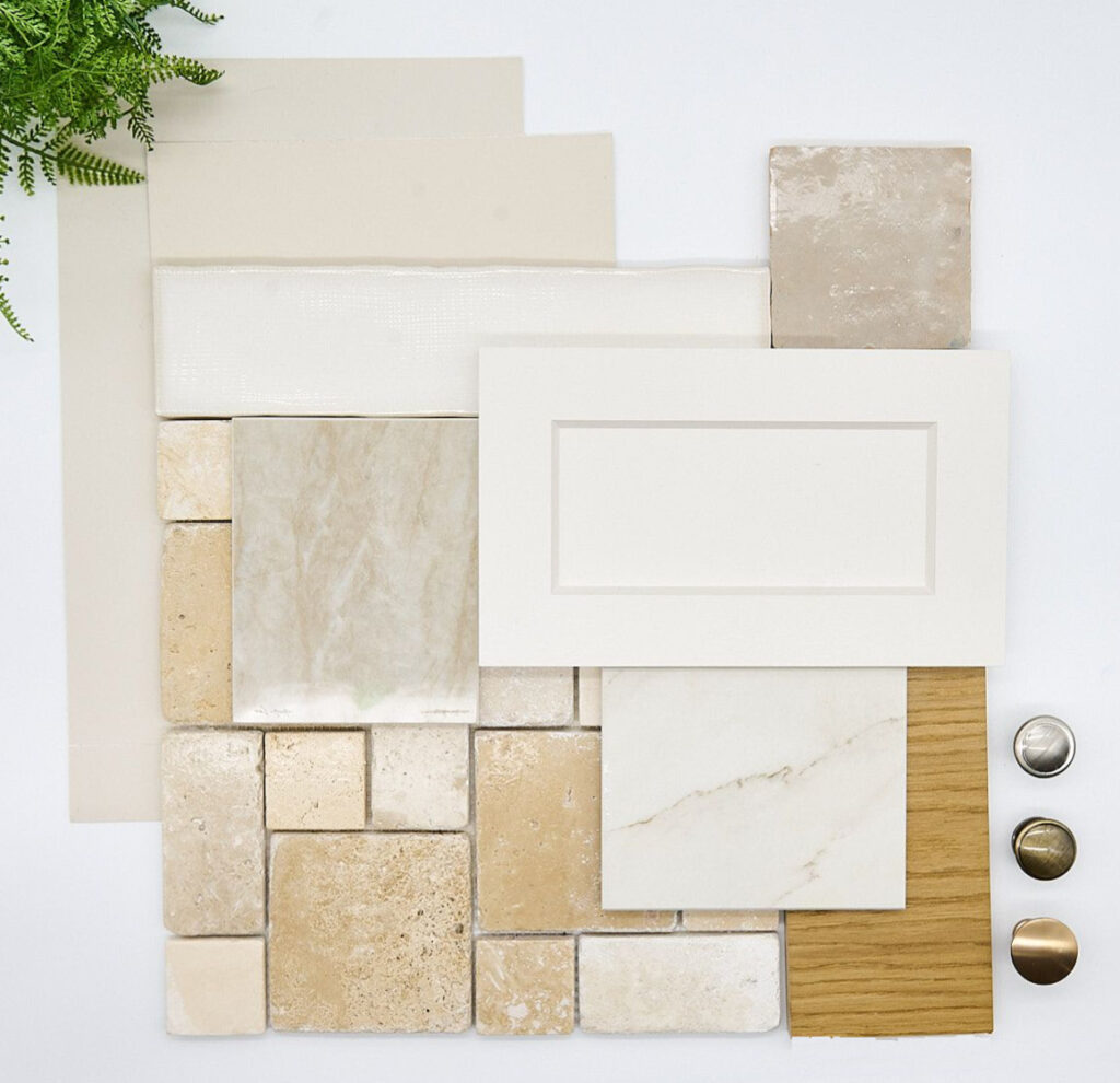 PALETTE 9 travertine kitchen finish palette with countertop, backsplash tile, cabinet paint color, wall color, hardware finish, kylie m