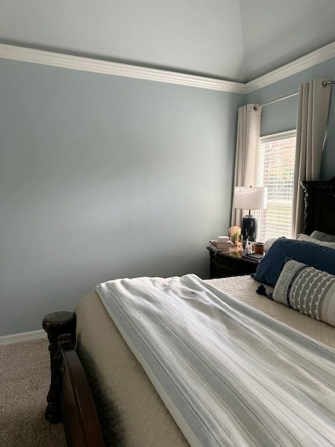 Sherwin Williams Rain, beige carpet in a bedroom, neutral linens and blue accents, vaulted ceiling, Pure White trim