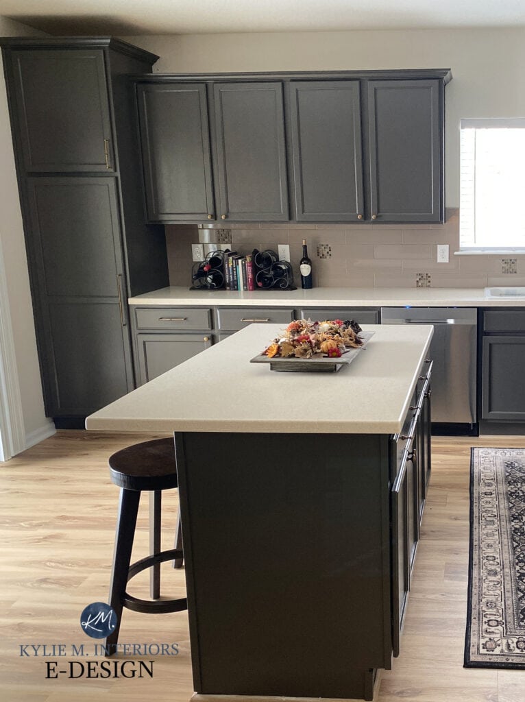 Sherwin Williams Urbane Bronze painted kitchen cabinets, beige countertop, taupe backsplash, Kylie M kitchen painted wood cabinet update. (1)
