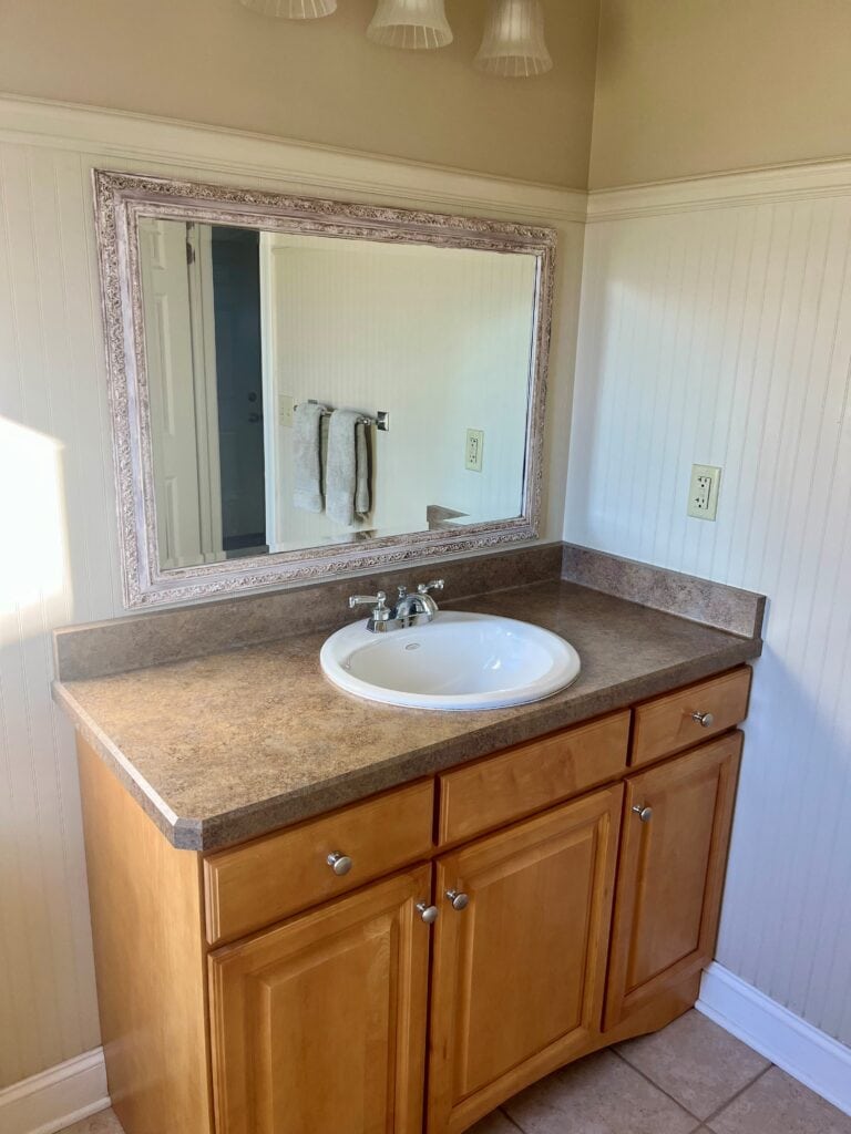 bathroom before update remodel, 1990 beadboard, wood oak vanity, laminate countertop, tile floor (3)