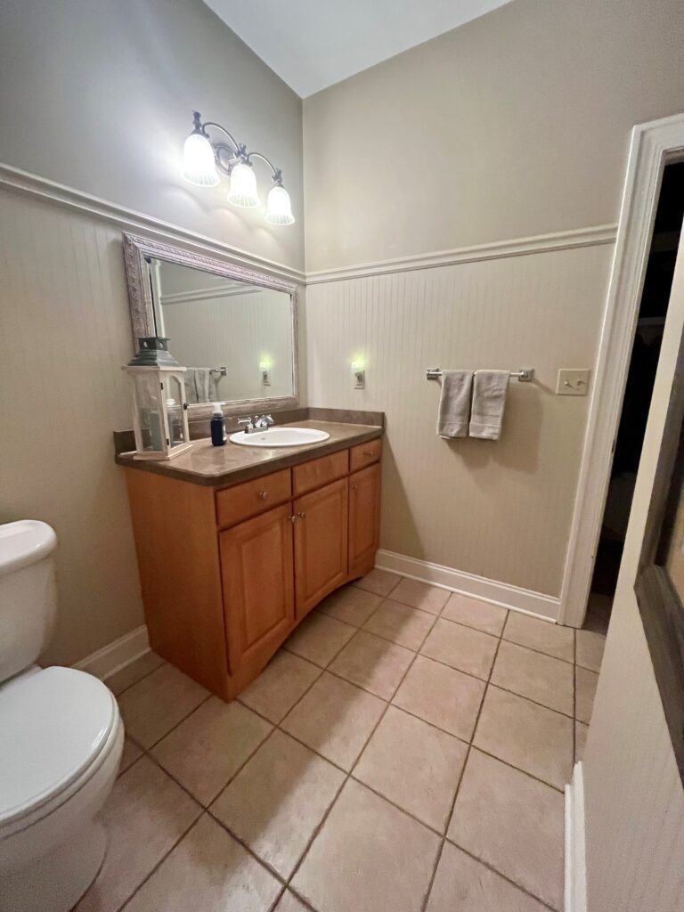 bathroom before update remodel, 1990 beadboard, wood oak vanity, laminate countertop, tile floor (7)
