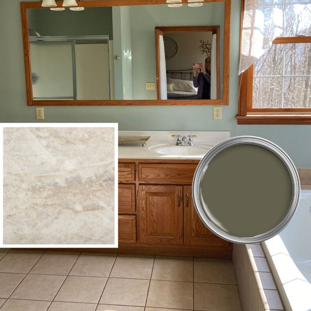 new countertop, cosentino arga dekton porcelain with beige and dark green greige for oak vanity
