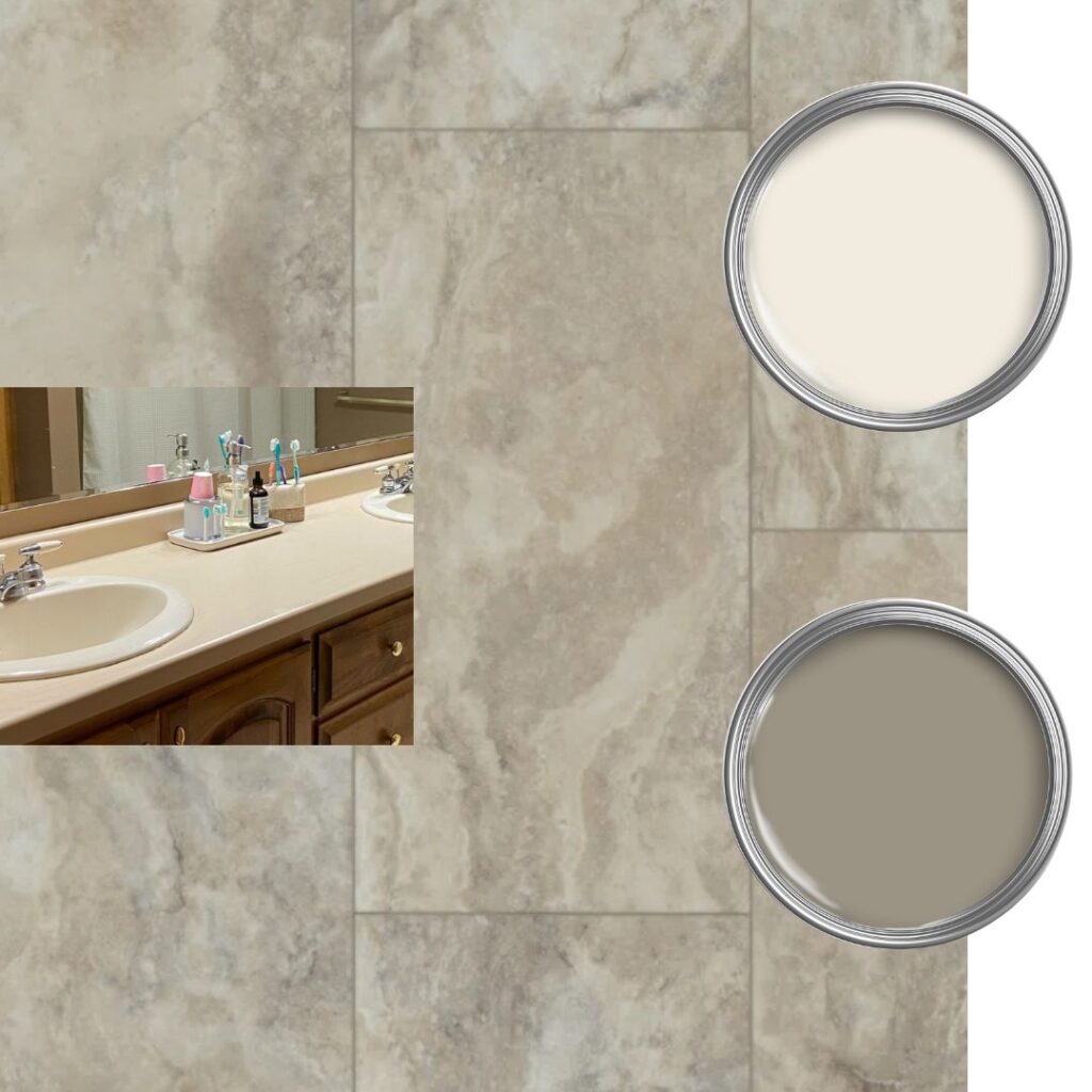 wall and vanity paint color with almond bathroom fixture, travertine peel and stick floor update ideas