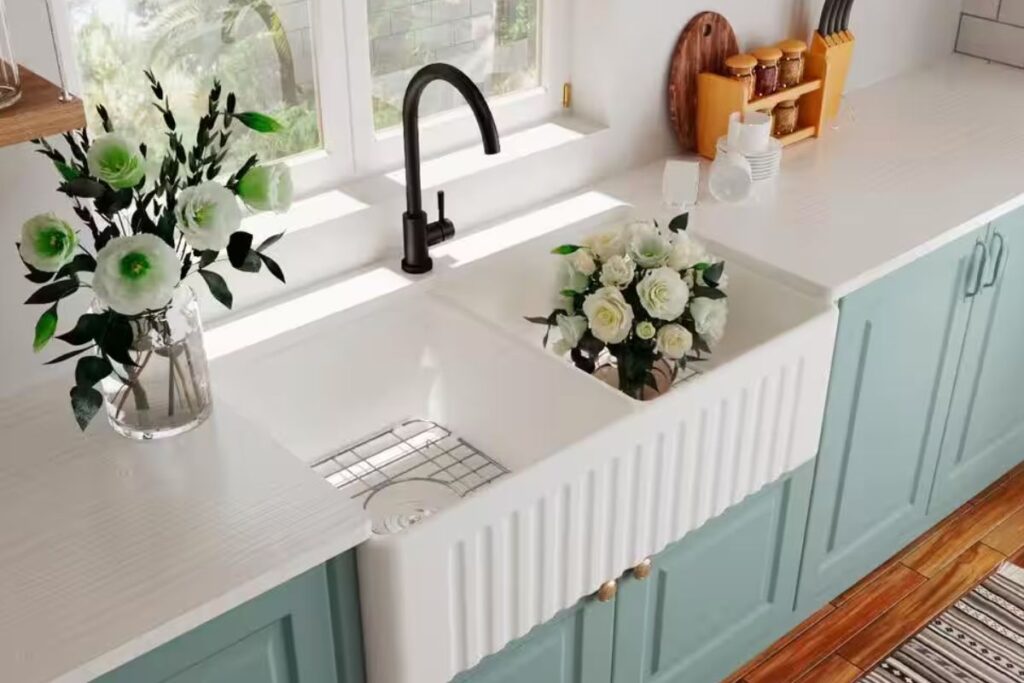 Double farmhouse sink, blue-green paint colro on cabinets, white countertop, black faucet. Best farmhouse sinks