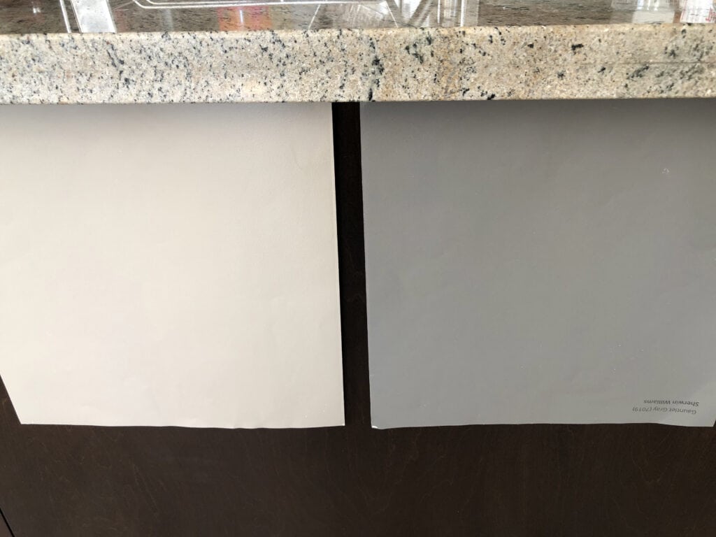 Sherwin Williams Gauntlet Gray and Keystone Gray island paint colors with outdated granite countertop in kitchen. Kylie M. Samplize peel and stick