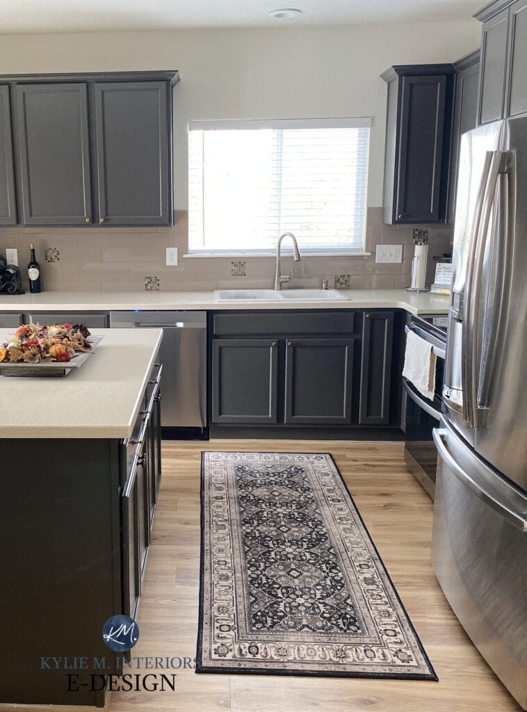 Sherwin Williams Urbane Bronze painted kitchen cabinets, beige countertop, taupe backsplash, Kylie M kitchen painted wood cabinet update. (2)