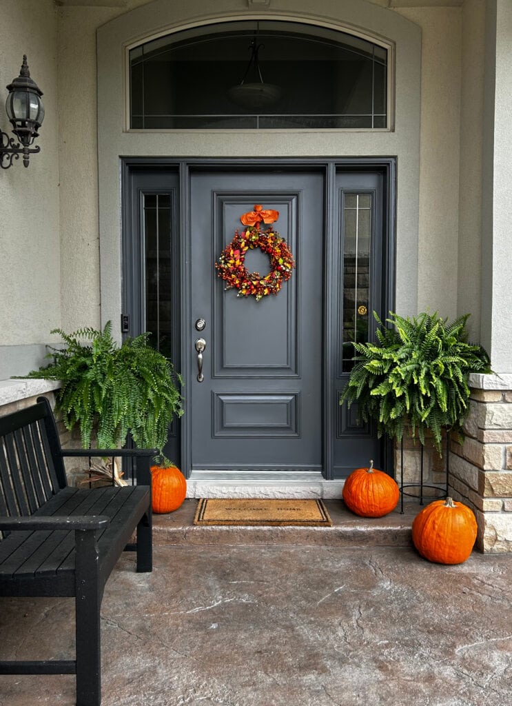 Benjamin Moore Gray 2121-10, front door paint color, gray blue, stamped concrete front porch, greige, warm gray stucco