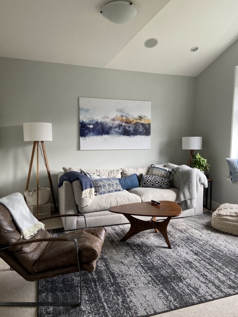 Benjamin Moore Gray Owl, light beige carpet, sofa and home decor in den. Best light gray paint color