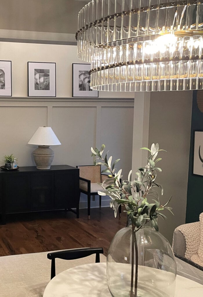 Benjamin Moore REvere PEwter on board and batten accent in entryway, Chamois upper walls, home decor