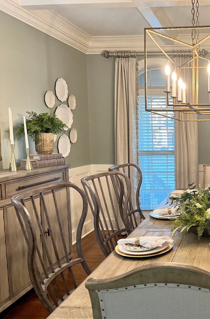 Sherwin Williams Oyster Bay with Alabaster trim, coffered ceiling, wainscoting, best blue green gray blend color