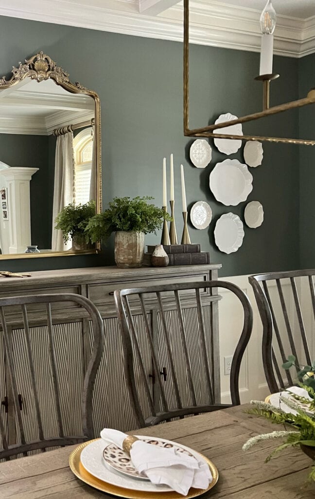 Sherwin Williams Retreat, medium dark green paint color, dining room, off-white wainscoting, home decor, coffered ceiling
