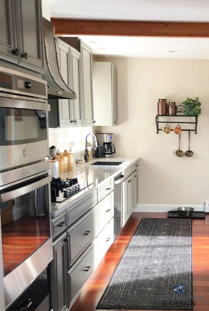 Sherwin Williams Taj Mahal, Natural Linen, painted cabinets in a medium toned greige paint color, green undertone, red cherry exotic wood flooring, pewter hardware