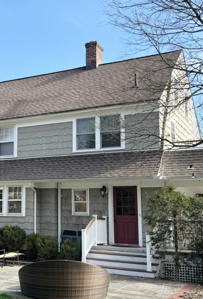 BENJAMIN MOORE warm greige taupe paint color WEATHERED WOOD ASPHALT SHINGLE ROOF, WHITE TRIM, BURGUNY PAINTED RED DOORS (1)