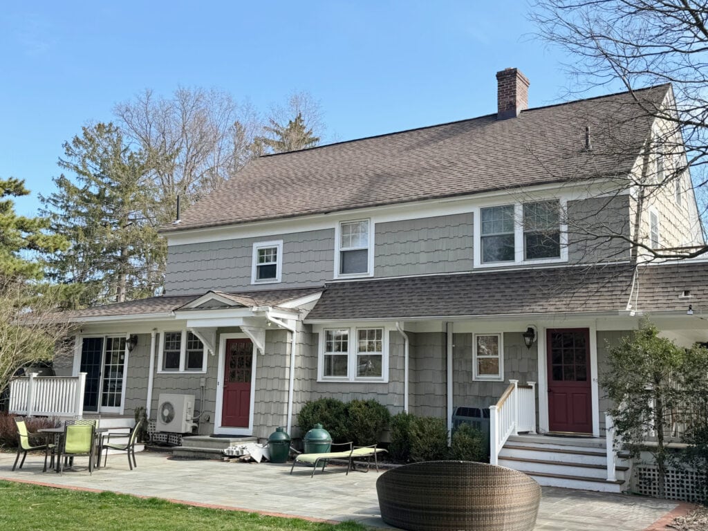 BENJAMIN MOORE warm greige taupe paint color WEATHERED WOOD ASPHALT SHINGLE ROOF, WHITE TRIM, BURGUNY PAINTED RED DOORS