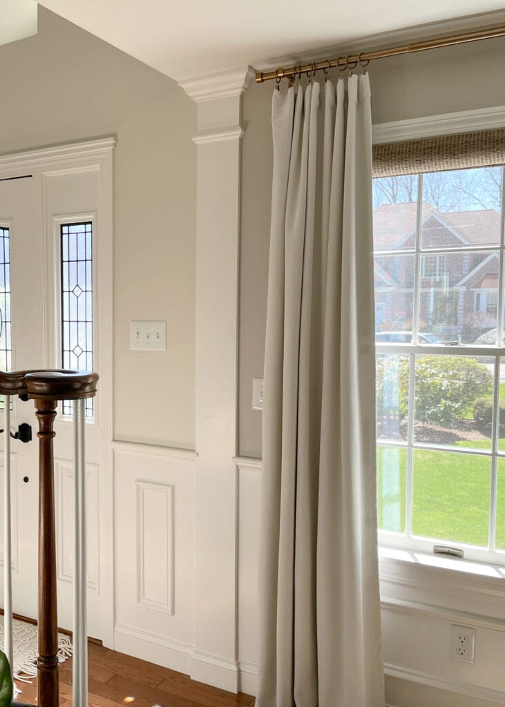 Benjamin Moore Ballet White walls, Worldly Gray dining room, White Dove trim, door and wainscoting (1)