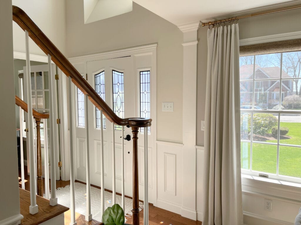 Benjamin Moore Ballet White walls, Worldly Gray dining room, White Dove trim, door and wainscoting